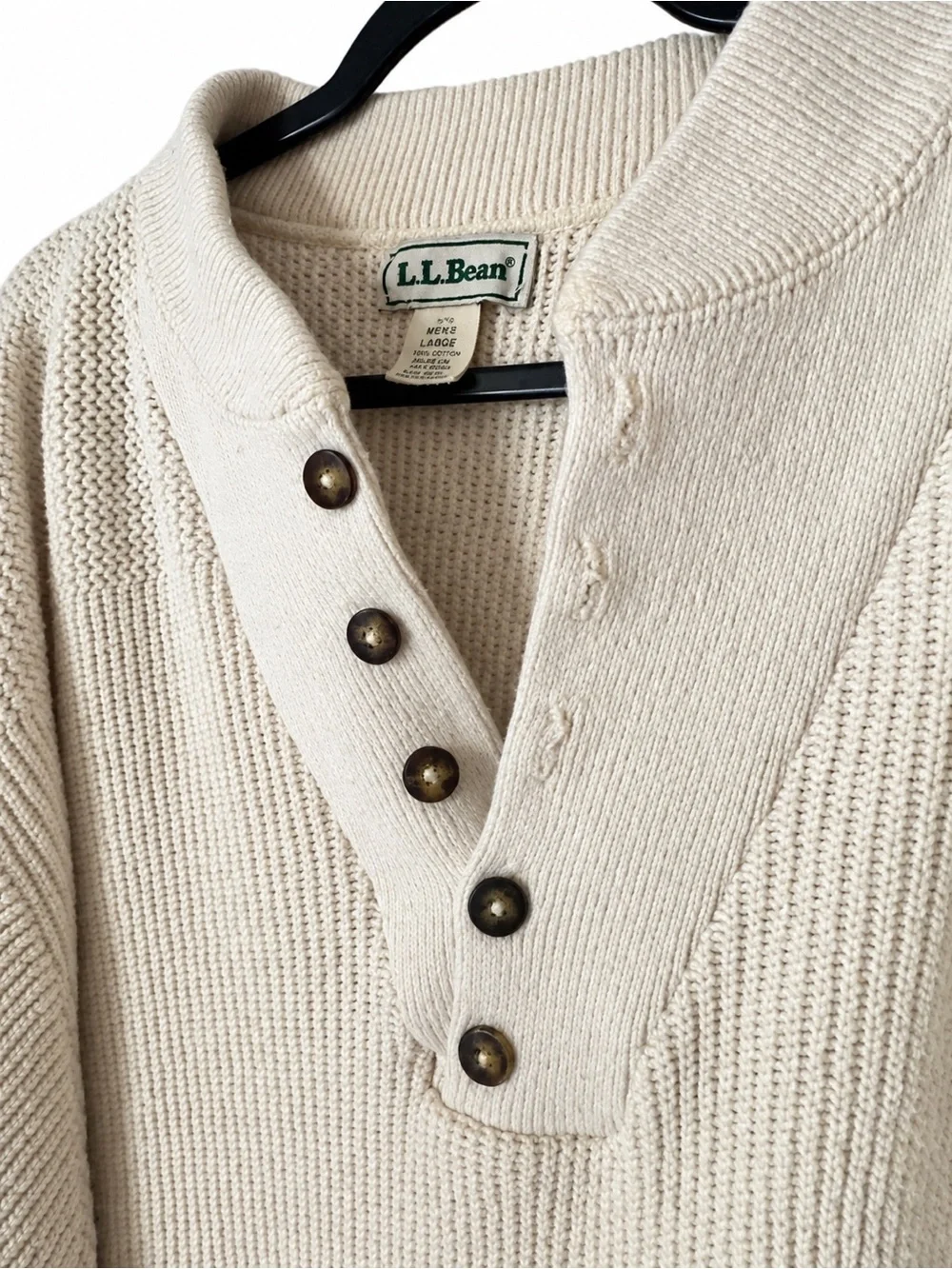 Vintage L.L.Bean Men’s Cream Cotton Henley Sweater Made USA 90s DC36 Coastal L